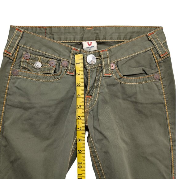 Vtg True Religion Joey Big T Jeans Womens Green Flare Low Rise Cotton Y2K Sz 27 - Picture 8 of 10